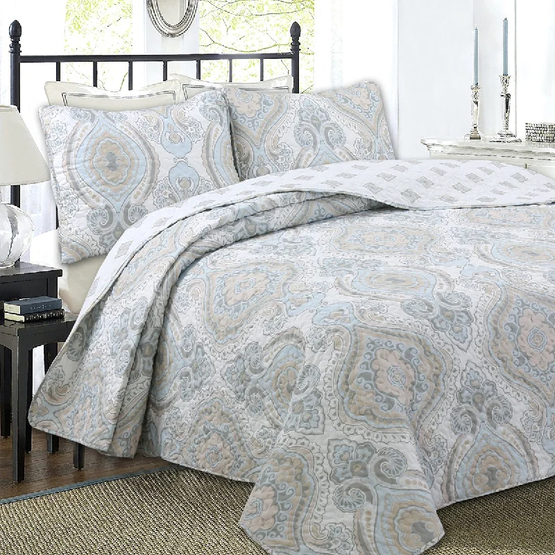 Modern Medallion Sky Blue Tan Gray Brocade 3-Piece Reversible Quilt Bedding Set