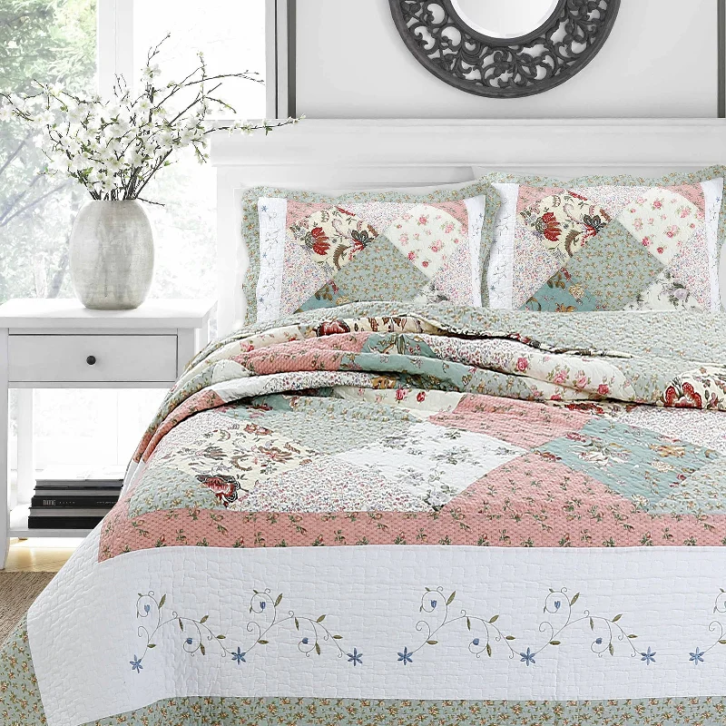 Grace Celadon Real Patchwork Embroidered Scalloped Edge Cotton Reversible Quilt Bedding Set