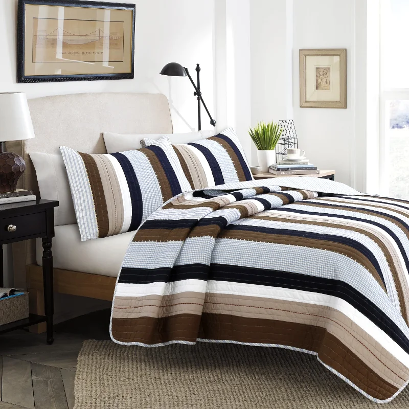 Nathan Stripe Blue Brown Real Patchwork Cotton Reversible Quilt Bedding Set