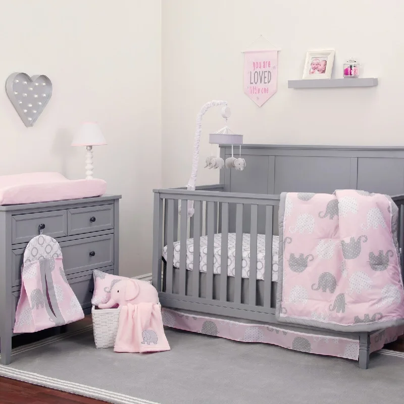 NoJo The Dreamer Pink and Grey Elephant 8pc Crib Bedding Set