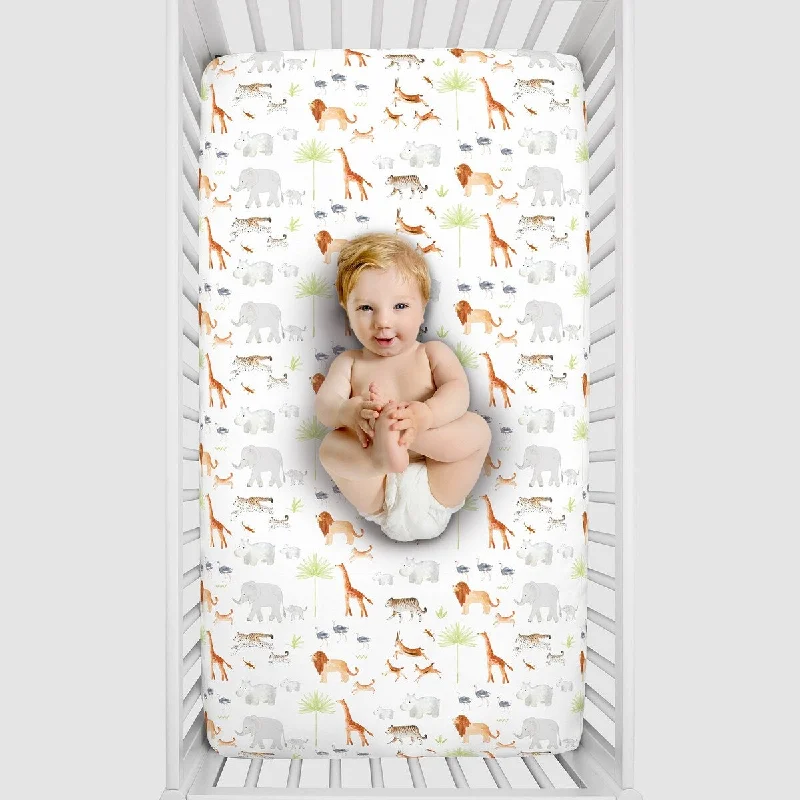 NoJo Watercolor Jungle Animals Mini Fitted Crib Sheet