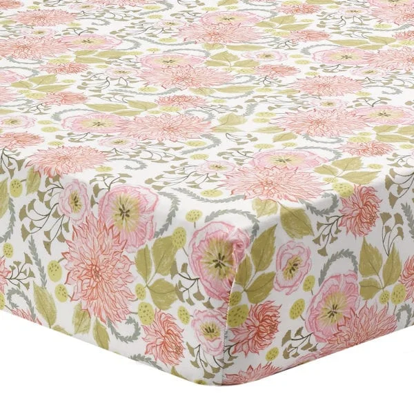 Pink Botanical Floral Crib Sheet | Cotton Percale Crib Sheet