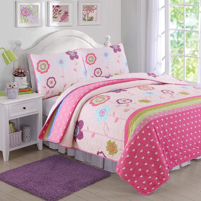 Pink Flower Garden Girl Print Reversible Quilt Bedding Set