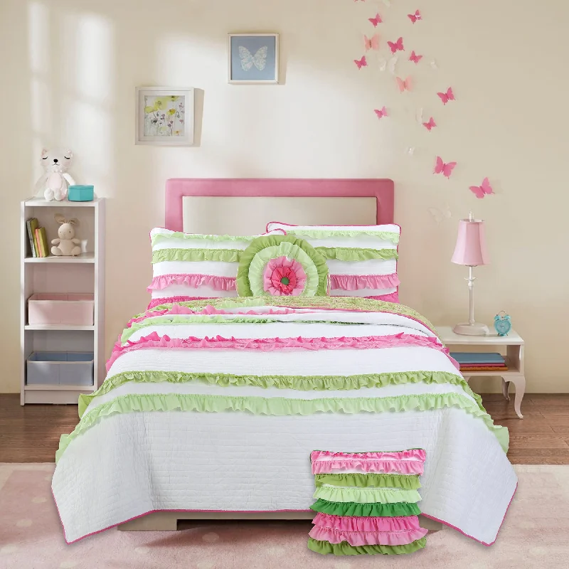 Pink Green Chic Ruffle Girl Cotton Reversible Quilt Bedding Set