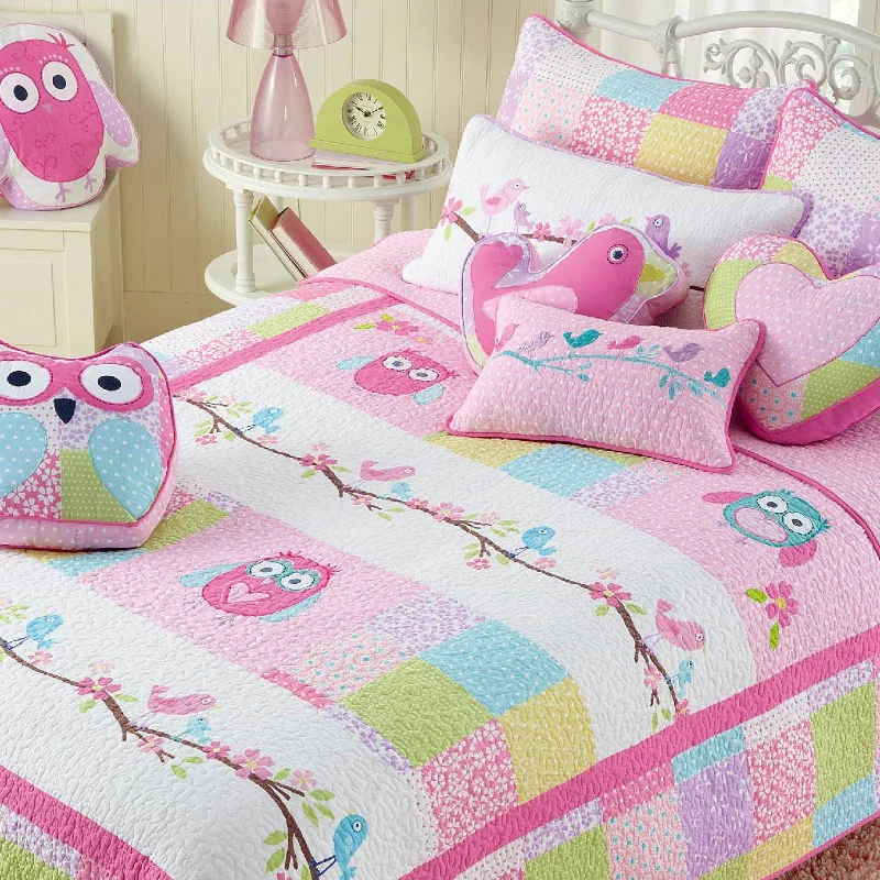 Pink Owl Print Patchwork Cotton Reversible Quilt Bedding Set