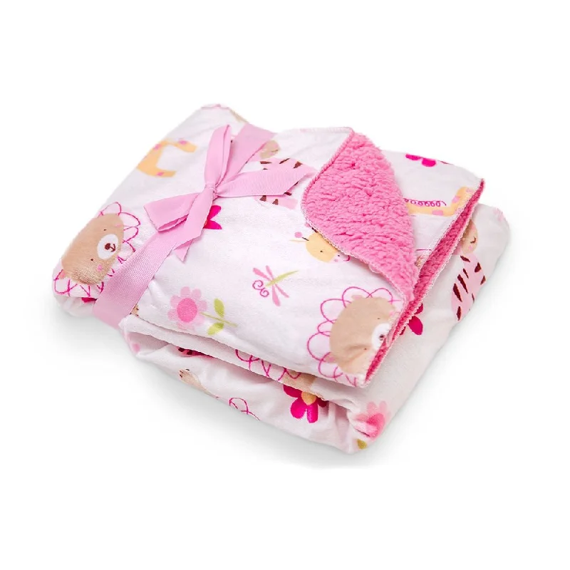 Pink/White Printed Animal Blanket with Sherpa Backing