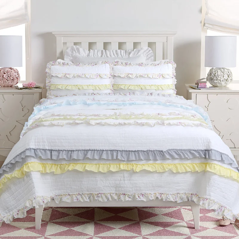 Ruffle Floral Blue Yellow Grey Stripe Real Patchwork Cotton Reversible Quilt Bedding Set