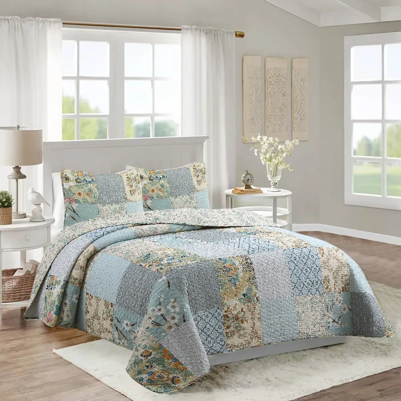 Sky Blue Floral Patens Ogee Patchwork Cotton Quilt Bedding Set