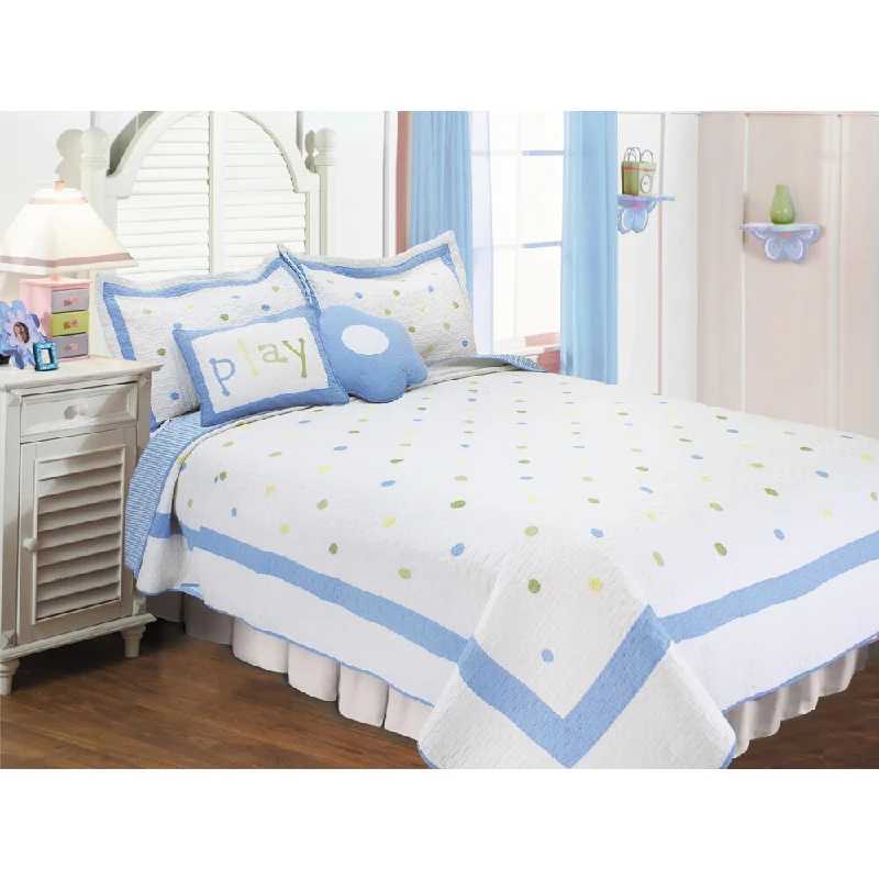 Sky Blue Polka Dots 5-piece Quilt Set with Decorative Cushions