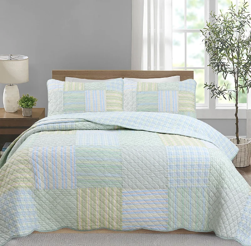 Square Real Patchwork Plaid Stripes Blue Green Scalloped 3-Piece Cotton Reversible Quilt Bedding Set