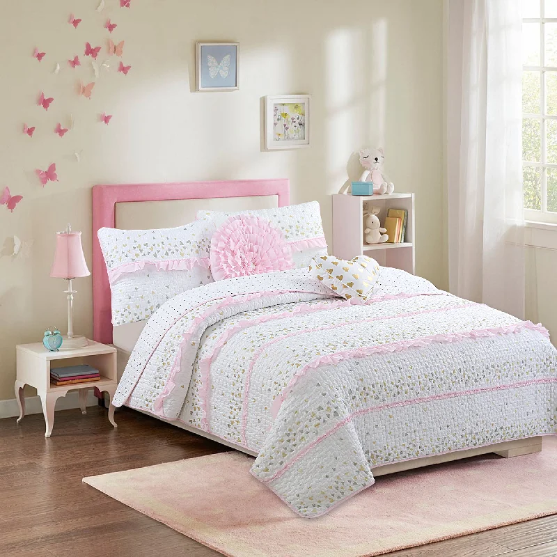 Sweet Heart Polka Dot Pink Ruffle Cotton Reversible Quilt Bedding Set