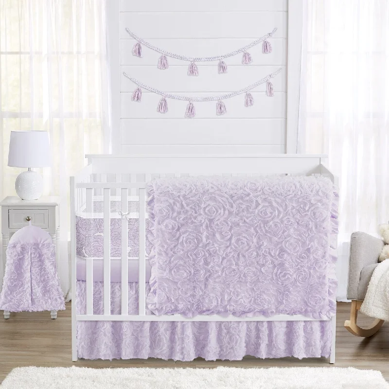 Sweet Jojo Designs 6p Crib Bedding + BreathableBaby Breathable Mesh Liner Purple Floral Rose Girl Solid Lavender