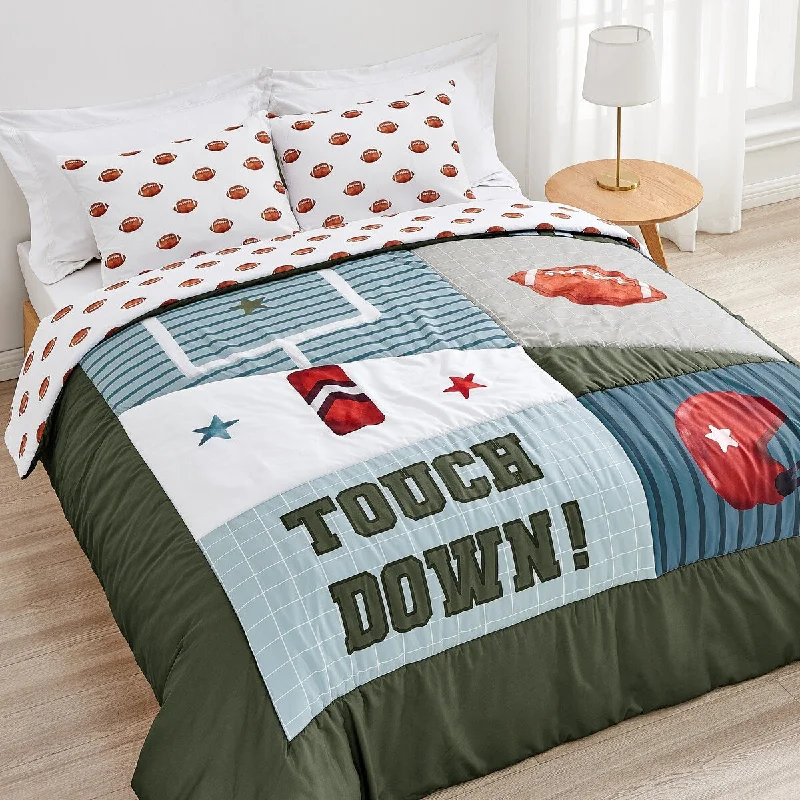 Sweet Jojo Designs American Football MVP Boy 4pc Twin-size Comforter Set Green Blue Red Vintage Helmet Field Goal Sports Themed