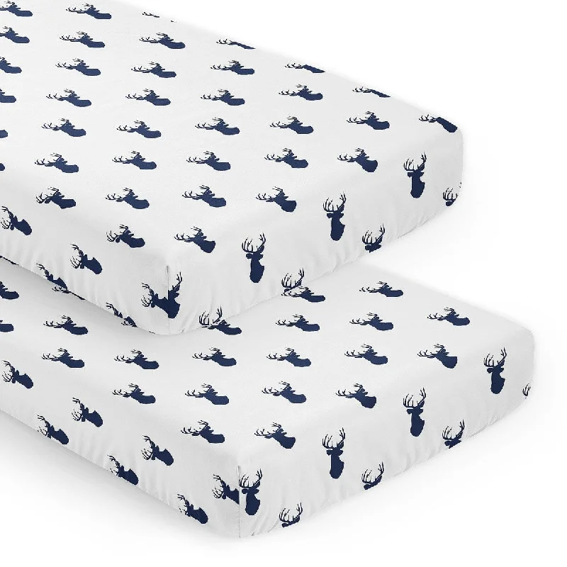 Sweet Jojo Designs Stag Navy Blue and White Boy 2 Pack Fitted Crib Sheets Dark Blue and White Forest Animal Antler