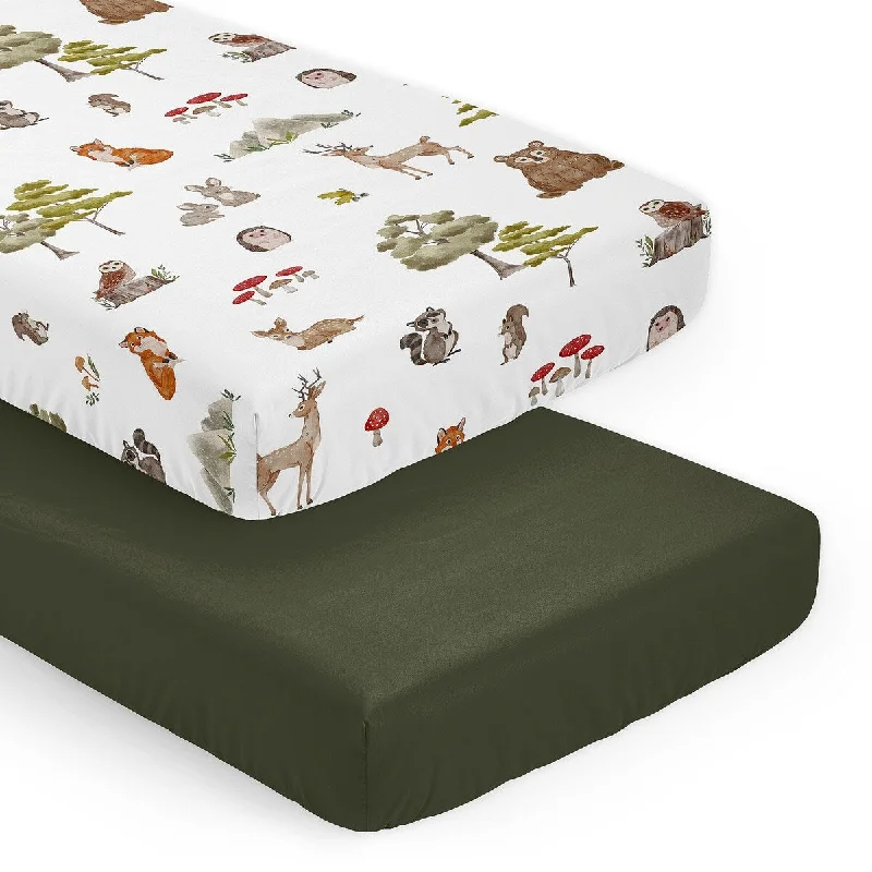 Sweet Jojo Designs Woodland Forest Animals Boy Girl Gender Neutral 2 Pack Fitted Crib Sheets Solid Dark Green and Animal Friends