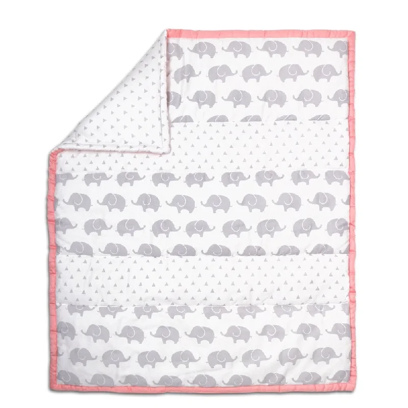 The Peanut Shell Elephant Stripe Cotton Quilt in Coral/Grey