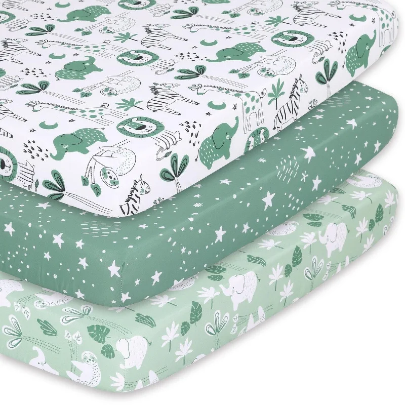 The Peanutshell Green Safari Mini Crib, Playard Sheet 3 Pack Set