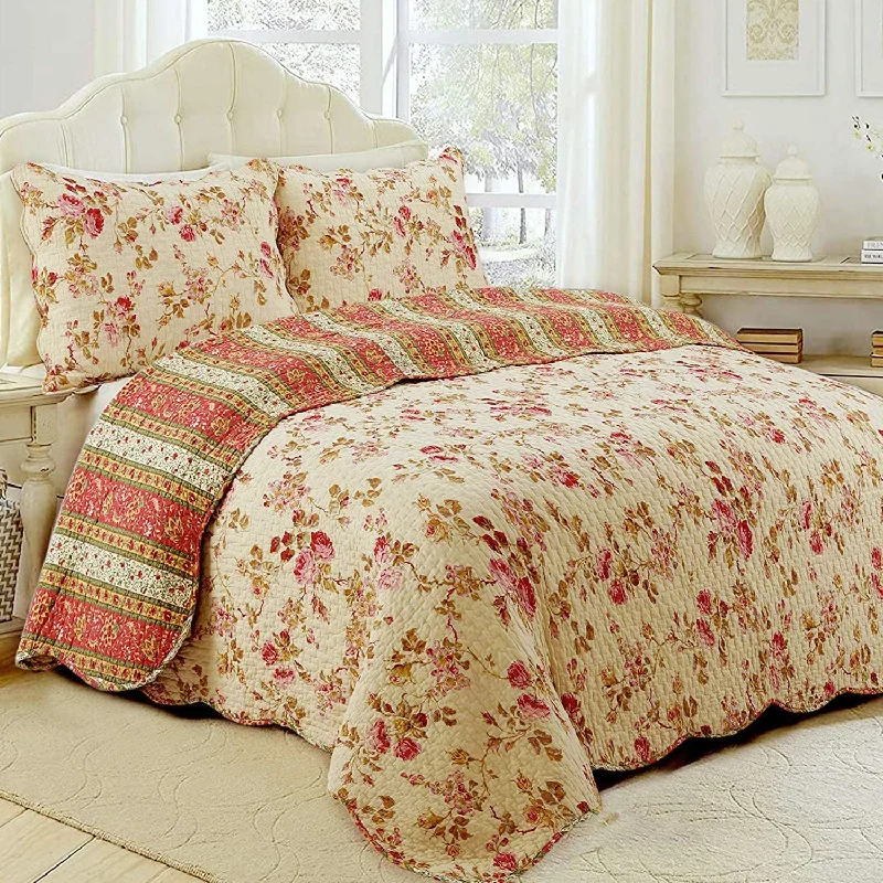 Vintage Rose Floral Cotton Quilted Scalloped 3-Piece Reversible Quilt Bedding Set