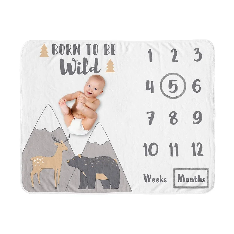 Woodland Animals Collection Boy or Girl Baby Monthly Milestone Blanket - Beige Grey White Boho Mountain Forest Friends Deer Bear